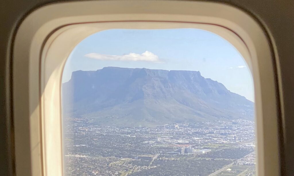 Developing Knitting Retreats in South Africa. A view of Table Mountain out window on flight to Cape Town international airport (CPT)